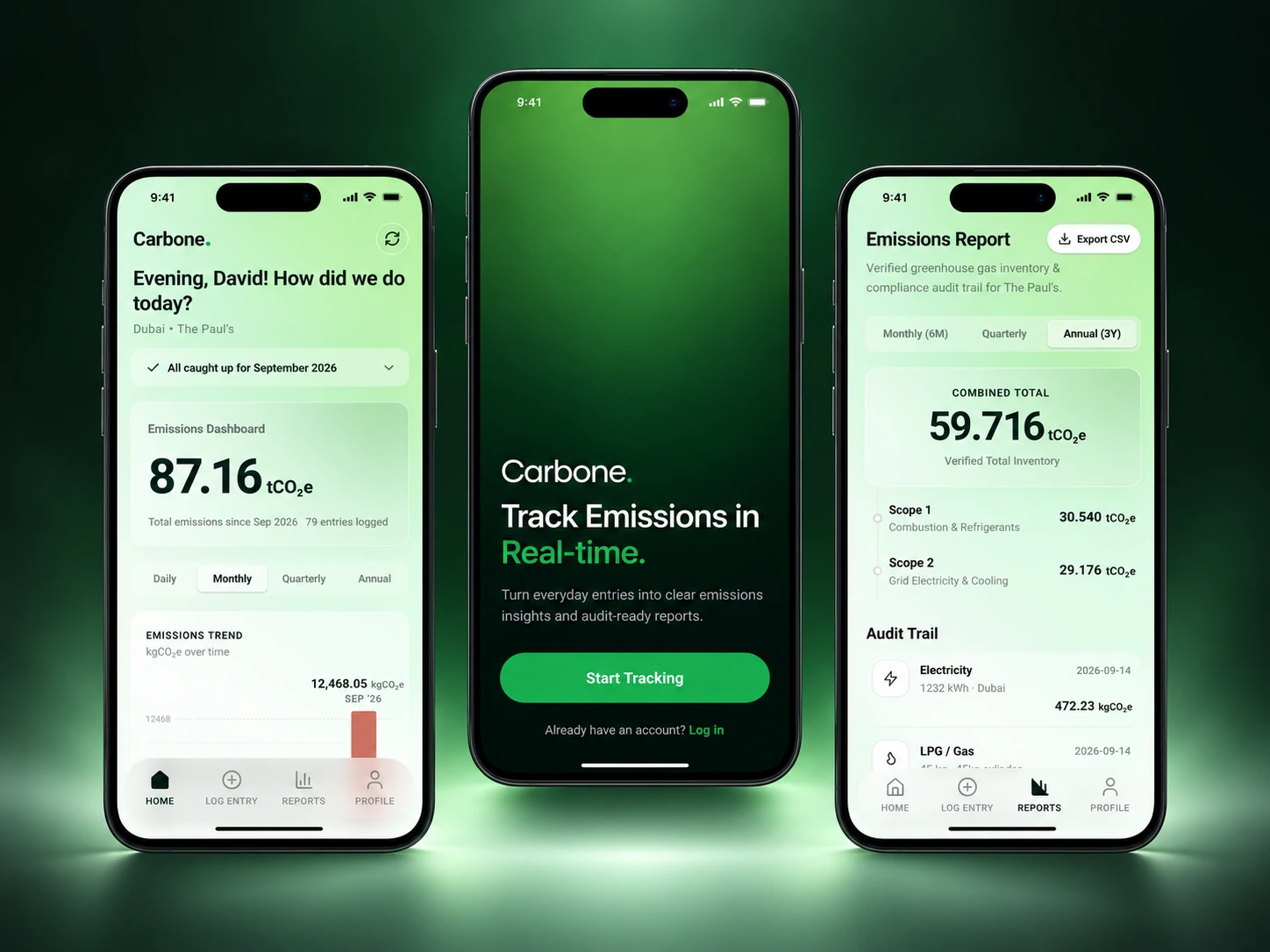 Carbone welcome screen, emissions dashboard and emissions report on three phones