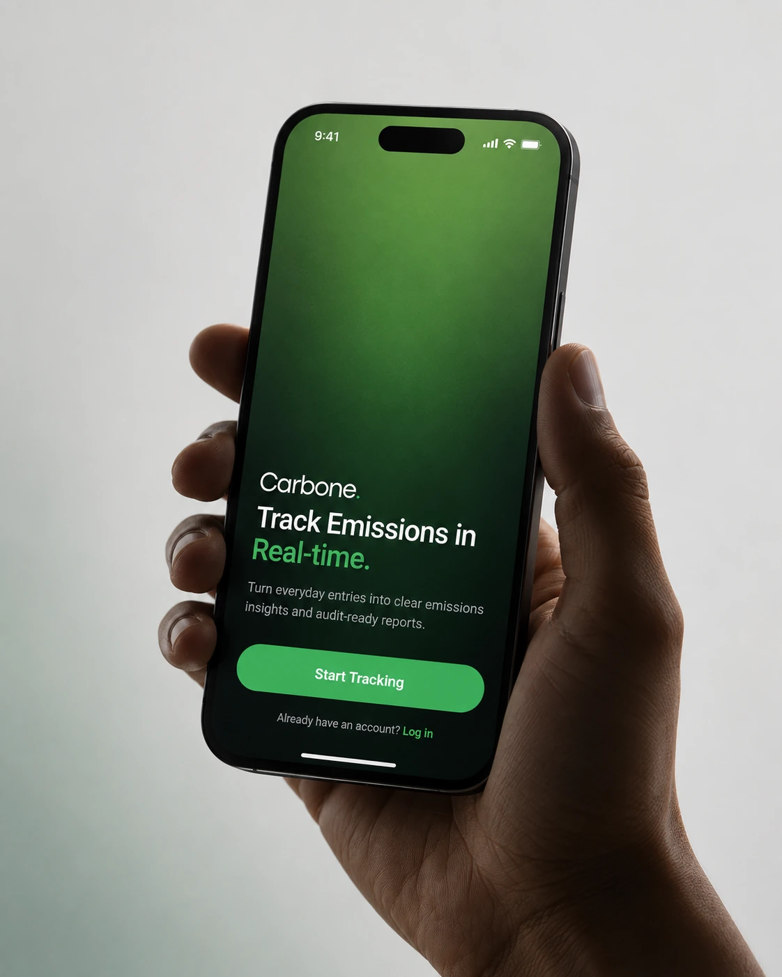 Carbone welcome screen on a phone held in a hand